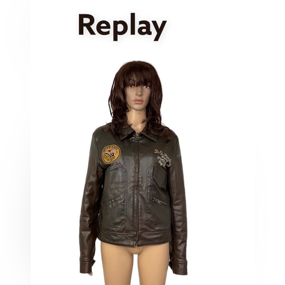 Replay Vintage Brown Faux Leather Biker Quilted Interior Jacket S